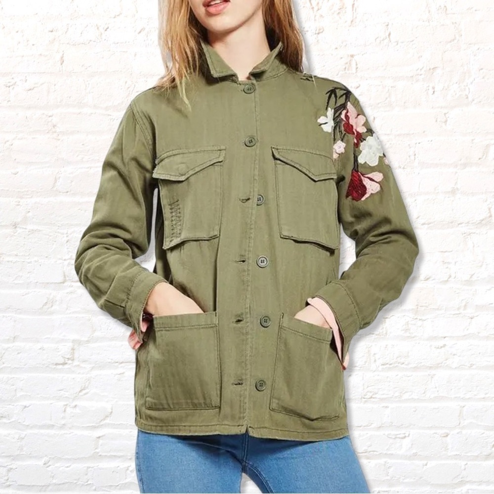 Top shop Olive Green Herringbone Military Jacket with Floral Embroidery size 2 - Picture 11 of 11